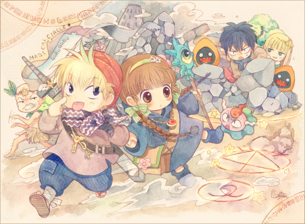 2girls 3boys :p bad_id bad_pixiv_id blonde_hair braid brown_hair gipple gomas juju_coo_shnamur kukuri_(mahoujin_guruguru) mahoujin_guruguru multiple_boys multiple_girls nike_(mahoujin_guruguru) raid_(mahoujin_guruguru) staff tongue tongue_out twin_braids udberg_eldol