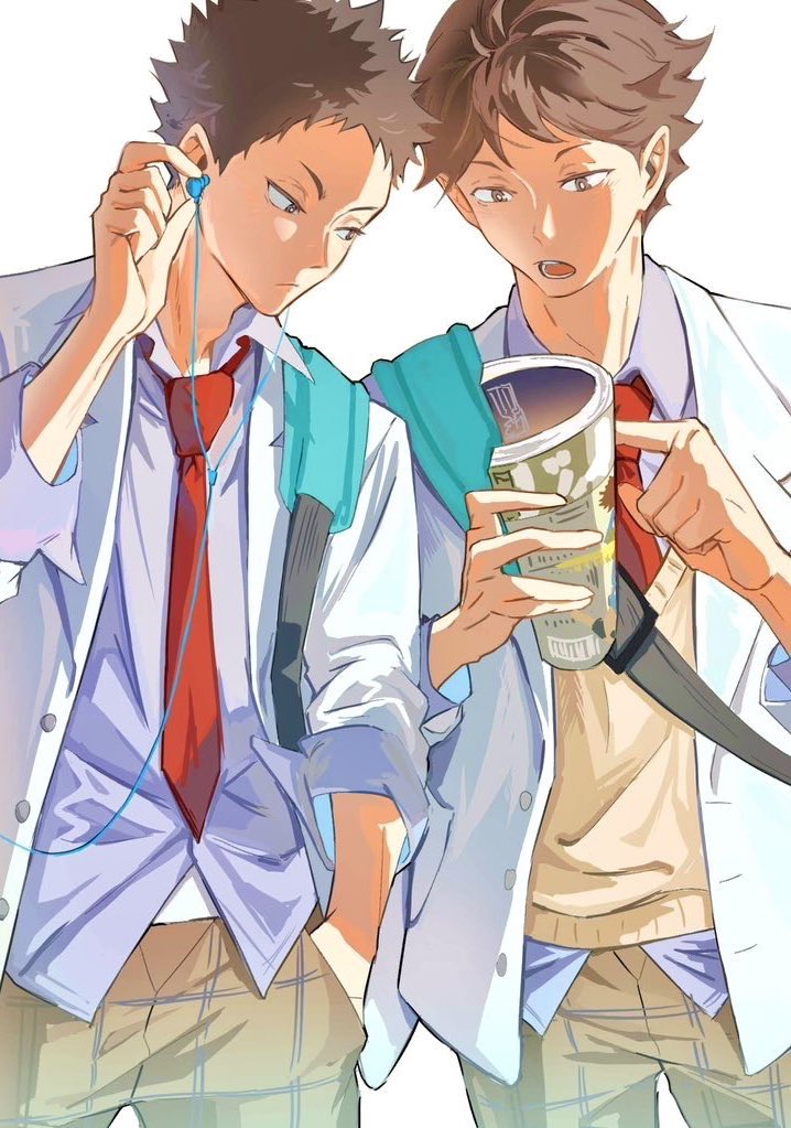 2boys brown_eyes brown_hair brown_pants brown_sweater_vest checkered_clothes checkered_pants closed_mouth collared_shirt earphones haikyuu!! hand_in_pocket holding holding_magazine iwaizumi_hajime jacket magazine_(object) male_focus multiple_boys necktie nnaa0_o oikawa_tooru_(haikyuu!!) open_mouth pants pointing_at_object purple_shirt red_necktie school_uniform shirt short_hair simple_background spiked_hair sweater_vest upper_body white_background white_jacket