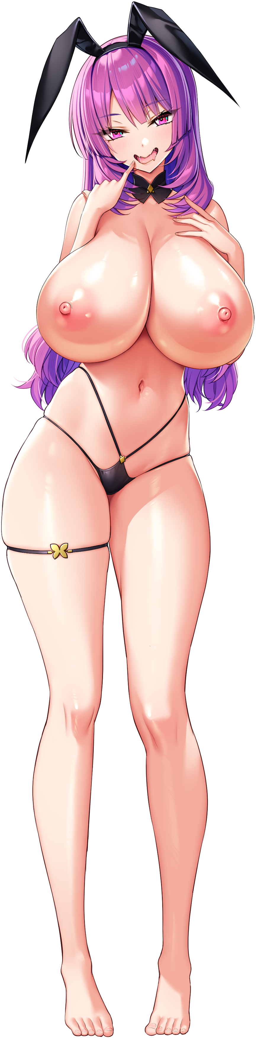 1girl absurdres animal_ear_hairband animal_ears barefoot bikini black_bikini black_choker black_hairband breasts choker cleavage derauea drooling fake_animal_ears finger_to_mouth game_cg hairband hand_on_own_chest highres huge_breasts light_blush long_hair long_image looking_at_viewer motto!_haramase!_honoo_no_oppai_isekai_oppai_bunny_gakuen! nipples non-web_source nontraditional_playboy_bunny official_art open_mouth pinky_to_mouth purple_eyes purple_hair rabbit_ear_hairband rabbit_ears raphiel_grimlight saliva skindentation smile solo star_(symbol) star_in_eye swimsuit symbol_in_eye tachi-e tall_image thigh_strap transparent_background wavy_hair