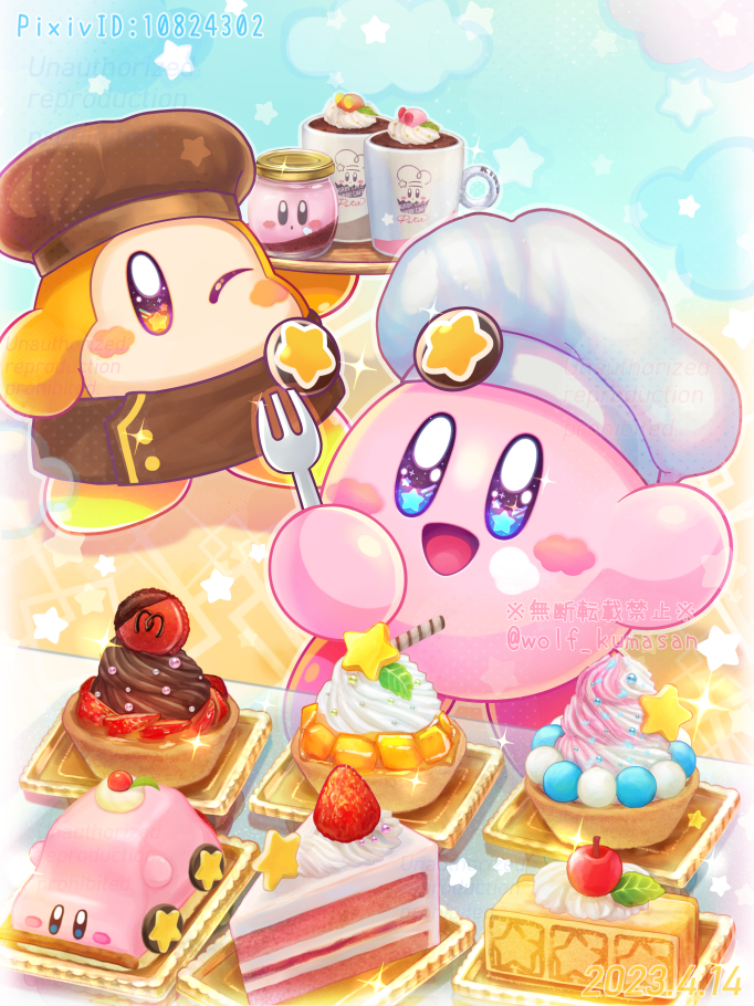 :d apron artist_name badge blue_eyes blush blush_stickers brown_apron brown_eyes brown_headwear button_badge cake cake_slice car-mouth_cake character-themed_food chef_hat cherry cloud commentary_request cup dated food food_on_face fork fruit hat holding holding_fork holding_tray jar kirby kirby_(series) kirby_cafe kumaoka_pon leaf mug nintendo no_humans one_eye_closed open_mouth pixiv_id plate smile sparkle sprinkles standing star_(symbol) star_block star_in_eye strawberry symbol_in_eye tart_(food) tray twitter_username waddle_dee wafer_stick watermark whipped_cream white_headwear