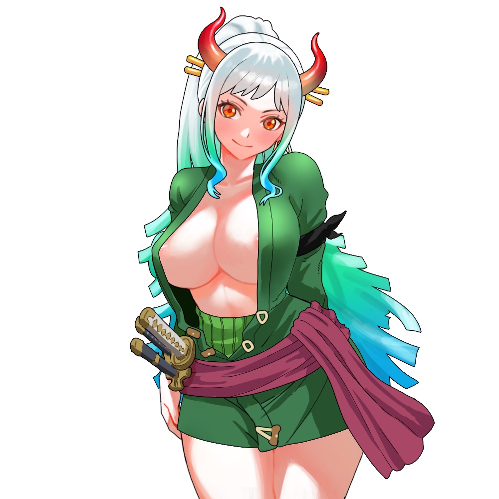 1girl aqua_hair areola_slip bare_legs breasts cleavage closed_mouth contrapposto cosplay dot_nose female_focus head_tilt horns large_breasts legs_together multicolored_hair no_bra one_piece open_clothes roronoa_zoro_(cosplay) simple_background smile solo standing tsurime two-tone_hair v-shaped_eyebrows white_background white_hair yamato_(one_piece)