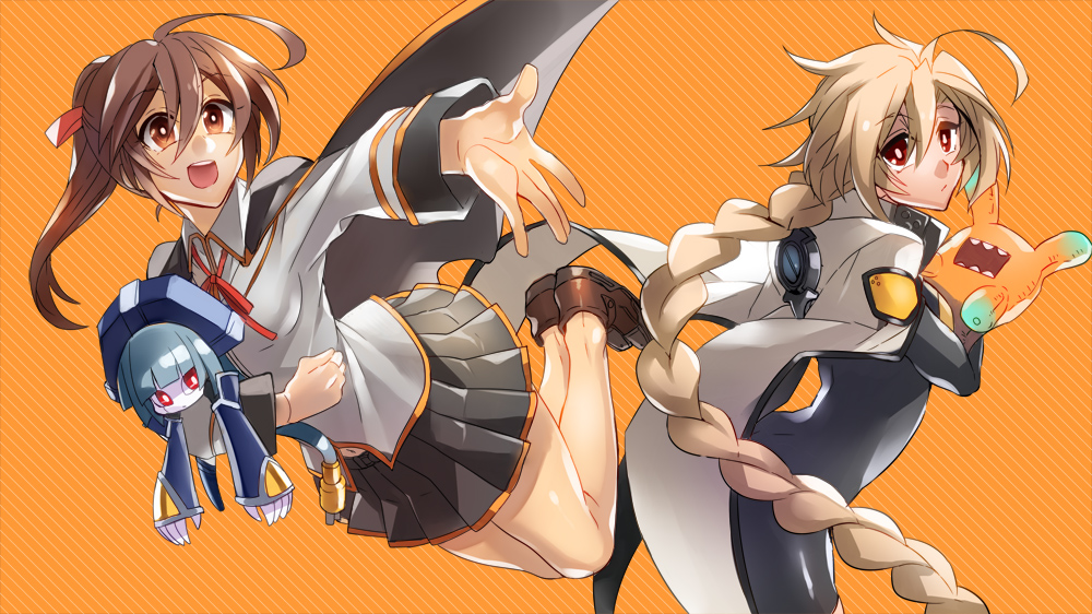 2girls ahoge blazblue blazblue:_chronophantasma blonde_hair bodysuit braid brown_eyes brown_hair cape celica_a._mercury character_doll cloak doll hugging_doll huge_ahoge kaneaki_mukku lambda-11 long_hair minerva_(blazblue) multiple_girls hugging_object outstretched_hand ponytail red_eyes school_uniform single_braid tartar unitard very_long_hair