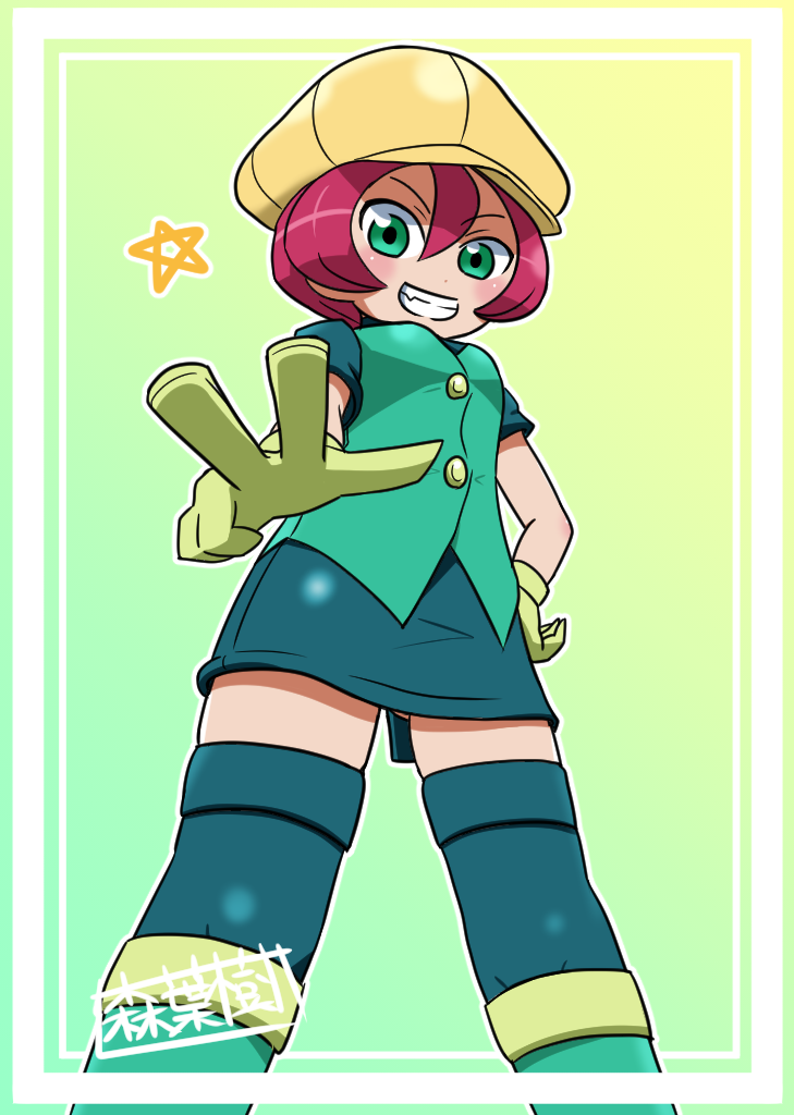 1girl blue_skirt blue_sleeves blue_undershirt border buttons commentary_request feet_out_of_frame game_freak georgia_(pokemon) gloves gradient_background green_background green_eyes green_vest grin hat hexagram inset_border looking_at_viewer looking_down mori_hayaki nintendo pencil_skirt pink_hair pokemon pokemon_(anime) pokemon_bw_(anime) short_hair short_sleeves skirt smile solo star_(symbol) star_of_david thighhighs translation_request v vest yellow_background yellow_gloves yellow_hat zettai_ryouiki