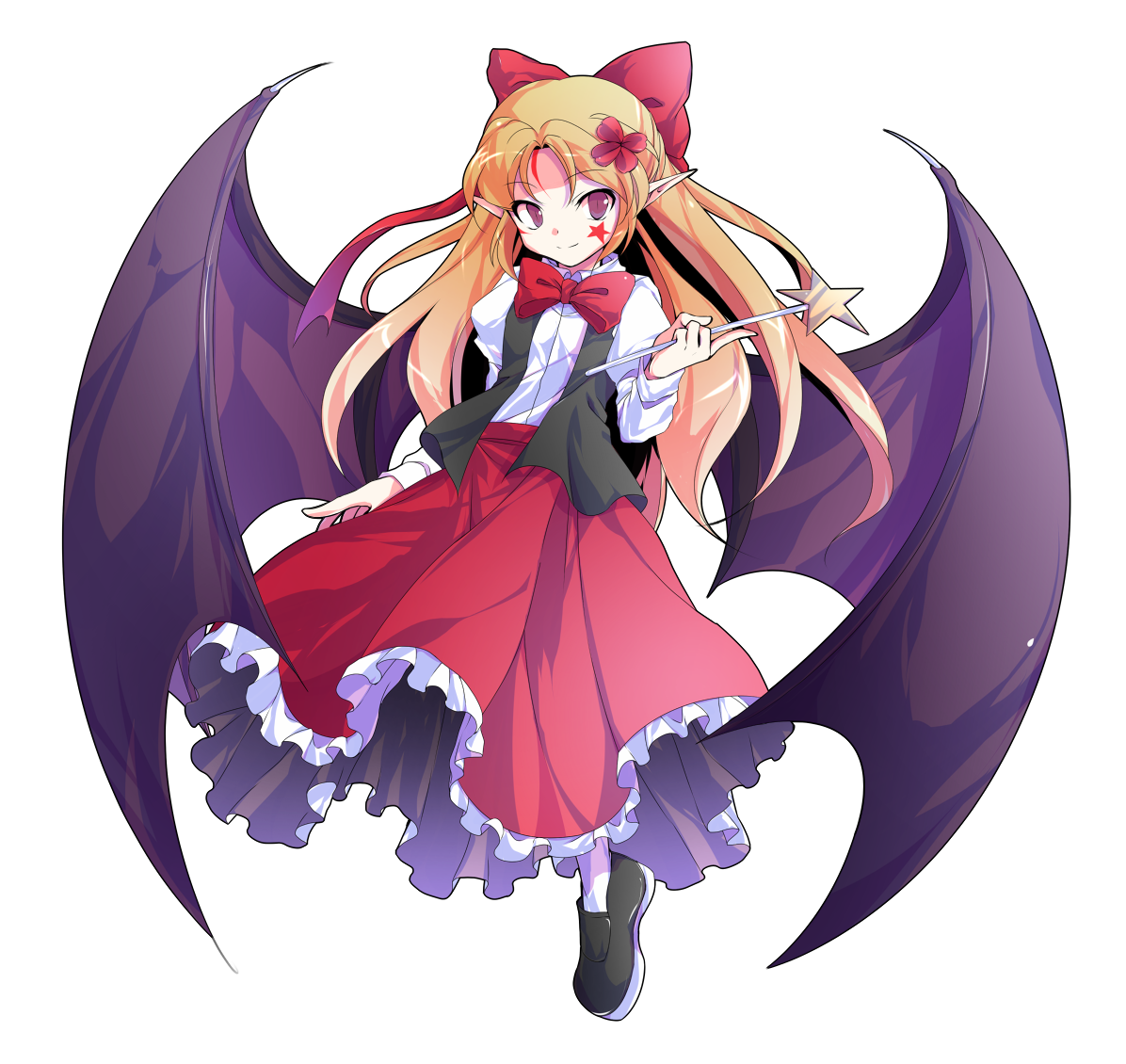 1girl alphes_(style) bat_wings black_shoes black_vest blonde_hair bow bowtie closed_mouth collared_shirt commentary_request dairi elis_(touhou) facial_mark flower frilled_skirt frills full_body hair_bow hair_flower hair_ornament holding holding_wand large_variant_set left-handed loafers long_hair long_skirt long_sleeves looking_at_viewer mark_under_eye open_clothes open_vest parody pointy_ears puffy_long_sleeves puffy_sleeves purple_eyes red_bow red_bowtie red_skirt shirt shoes simple_background skirt smile socks solo star_(symbol) style_parody tachi-e touhou touhou_(pc-98) transparent_background variant_set vest wand white_shirt white_socks wings