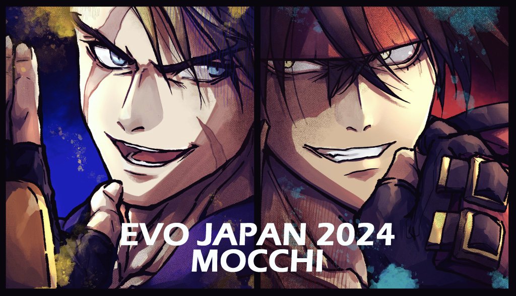 2boys arm_up belt_buckle black_border black_gloves blonde_hair blue_eyes border brown_hair buckle clenched_hand clenched_teeth commentary_request crossover ebi_pri_shrimp english_text eye_contact facial_scar fingerless_gloves forked_eyebrows glove_belt gloves grin guilty_gear headband looking_at_another luke_sullivan male_focus mma_gloves multicolored_gloves multiple_boys multiple_scars open_mouth paint_splatter red_headband scar scar_across_eye scar_on_cheek scar_on_face smile sol_badguy street_fighter street_fighter_6 teeth upper_body yellow_eyes