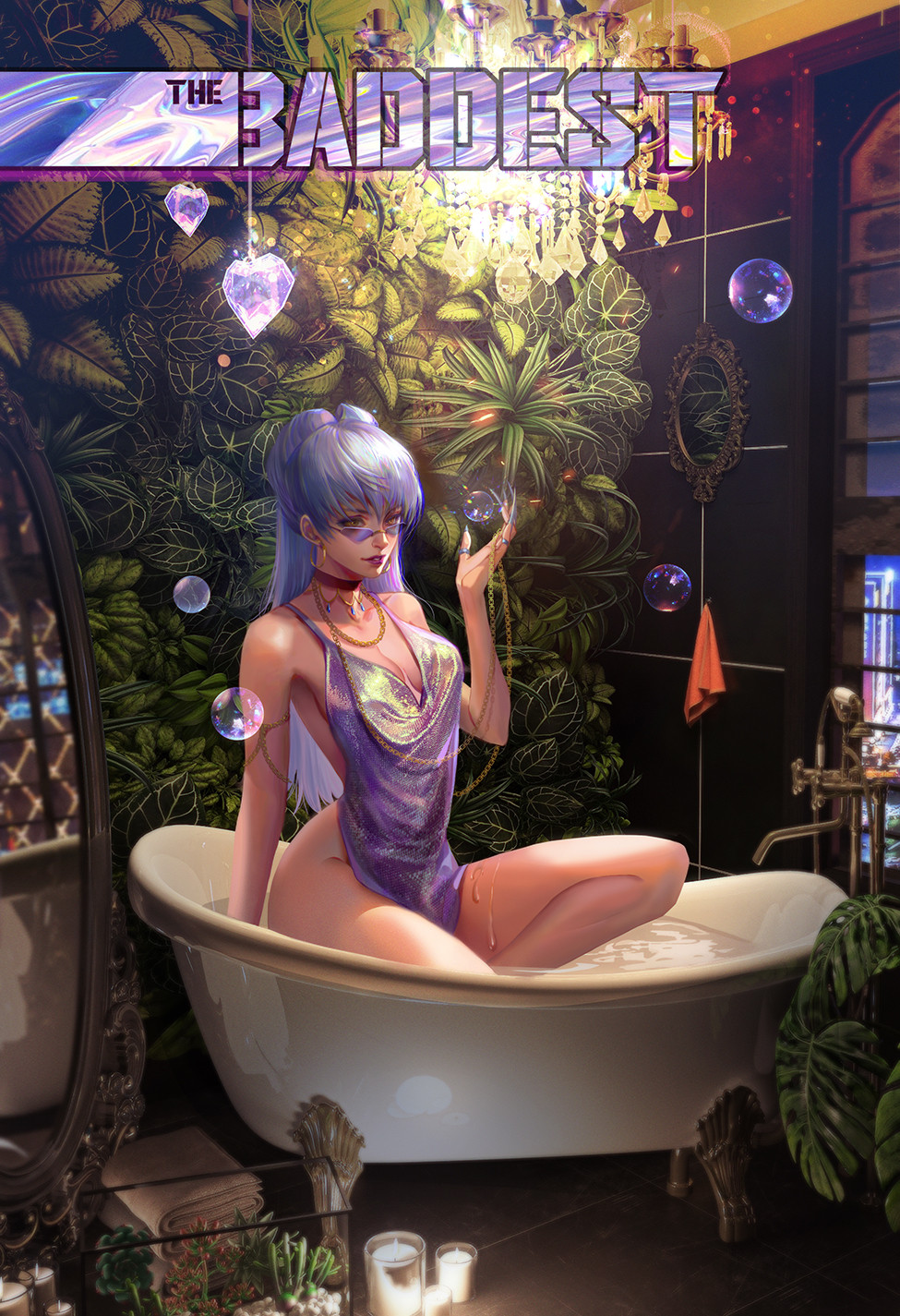 1girl alternate_costume bare_legs bathroom bathtub blue_nails breasts brown_eyes bubble candle chain chain_necklace chandelier choker cityscape cleavage commentary dress english_commentary english_text evelynn_(league_of_legends) eyelashes fan_yang_(jiuge) faucet fingernails gold_necklace highres indoors jewelry k/da_(league_of_legends) k/da_evelynn large_breasts league_of_legends lipstick looking_at_viewer makeup mirror multiple_rings nail_polish necklace night parted_lips partially_submerged plant potted_plant purple_dress purple_hair cleaning_rag red_choker red_lips ring sharp_fingernails sitting sleeveless sleeveless_dress smile solo spaghetti_strap sunglasses tile_wall tiles towel triangular_headpiece wet window wooden_floor