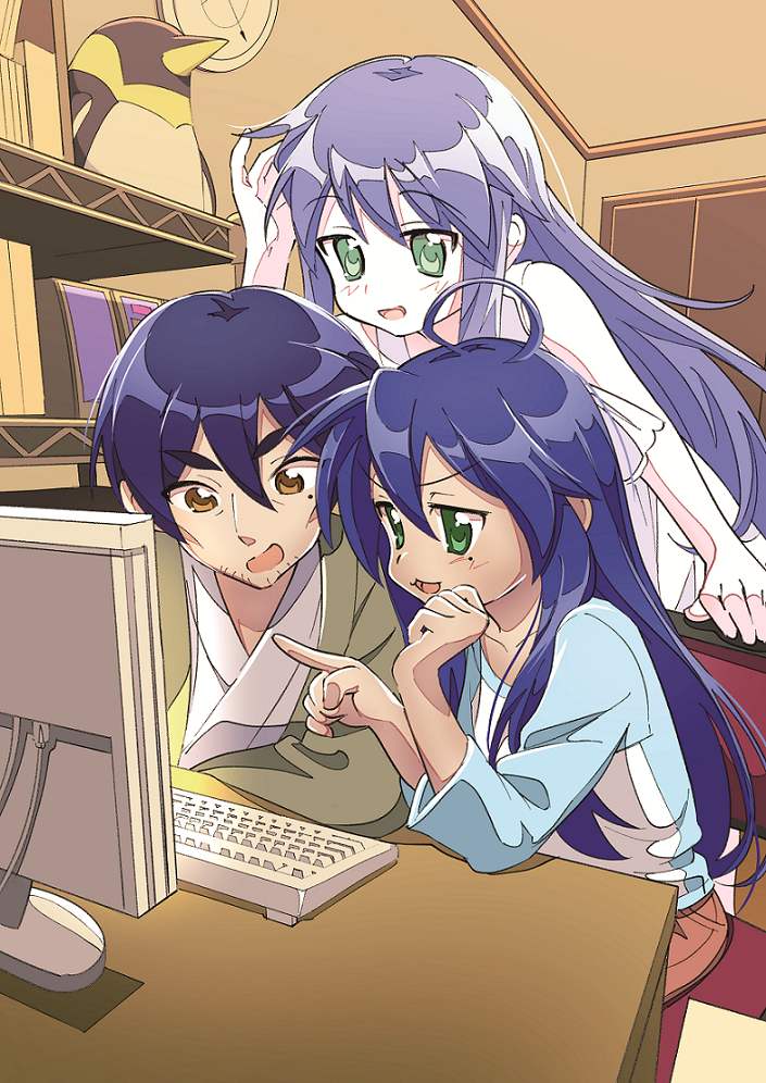 1boy 2girls :3 ahoge aqua_shirt blue_hair blush chair clenched_hand commentary_request computer_keyboard desk family father_and_daughter female_focus green_eyes hair_between_eyes ichimi_renge indoors izumi_kanata izumi_konata izumi_soujirou light_blush long_hair lucky_star mole mole_under_eye monitor mother_and_daughter multiple_girls open_mouth pointing second-party_source shelf shirt sitting smile tongue