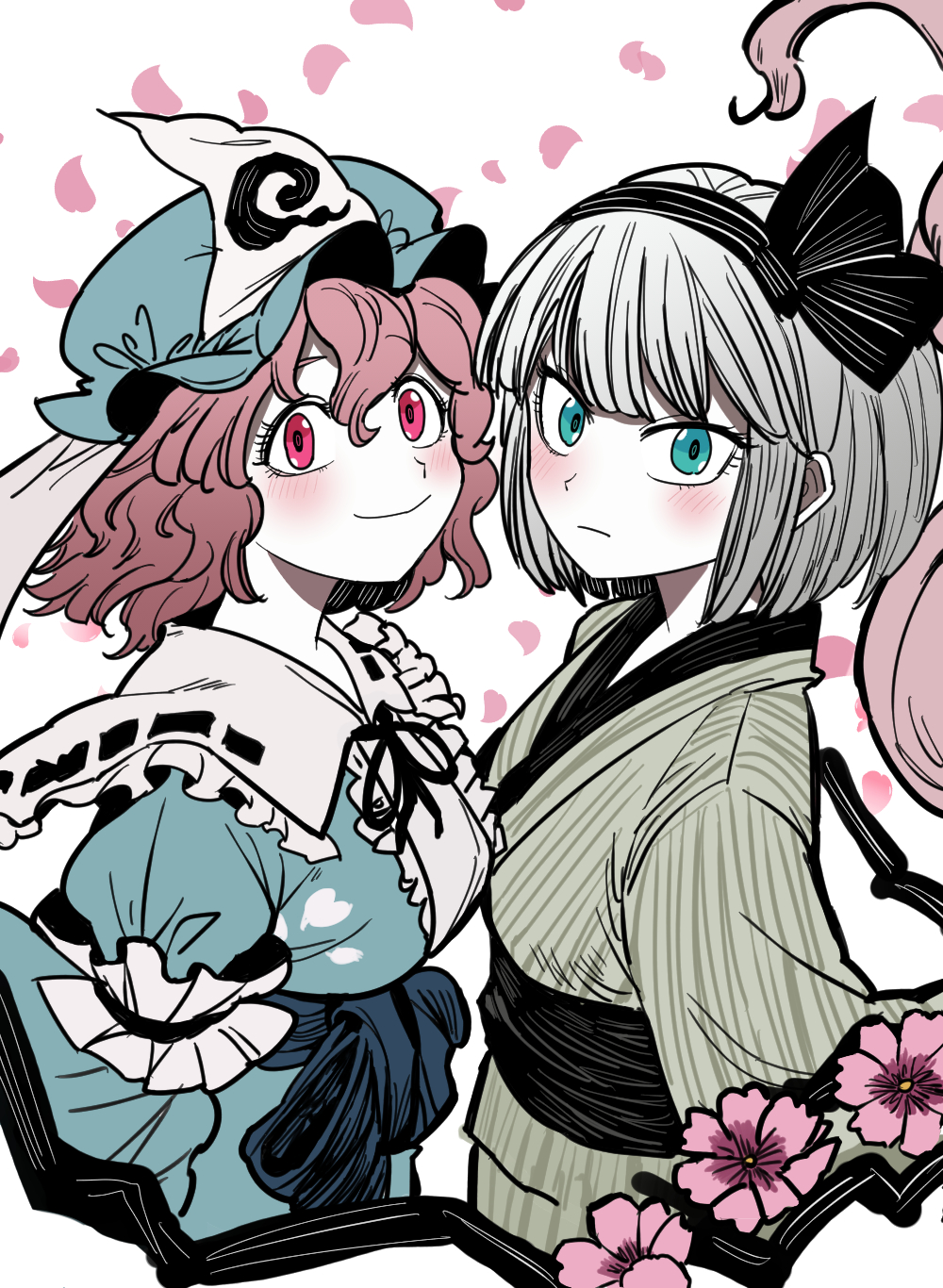 2girls arm_garter black_ribbon black_sash blue_hat blue_kimono blue_sash blush bollzzalguy cherry_blossoms falling_petals flower green_eyes green_kimono grey_hair hair_ribbon hashtag-only_commentary hat highres japanese_clothes kimono konpaku_youmu mob_cap multiple_girls neck_ribbon obi petals pink_eyes pink_flower pink_hair ribbon ribbon-trimmed_collar ribbon_trim saigyouji_yuyuko sash short_hair smile tareme touhou triangular_headpiece tsurime upper_body