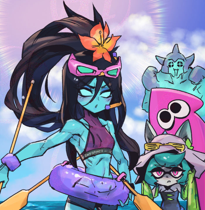1boy 2girls :o alternate_costume bare_shoulders black_hair black_shorts blush cloud colored_sclera colored_skin day ears_through_headwear flower green_sclera green_skin hair_between_eyes hair_flower hair_ornament holding innertube kalista league_of_legends long_hair mordekaiser multiple_girls nintendo no_pupils ocean orange_flower outdoors phantom_ix_row shiny_skin shorts splatoon_(series) sun swim_ring vex_(league_of_legends) water yordle