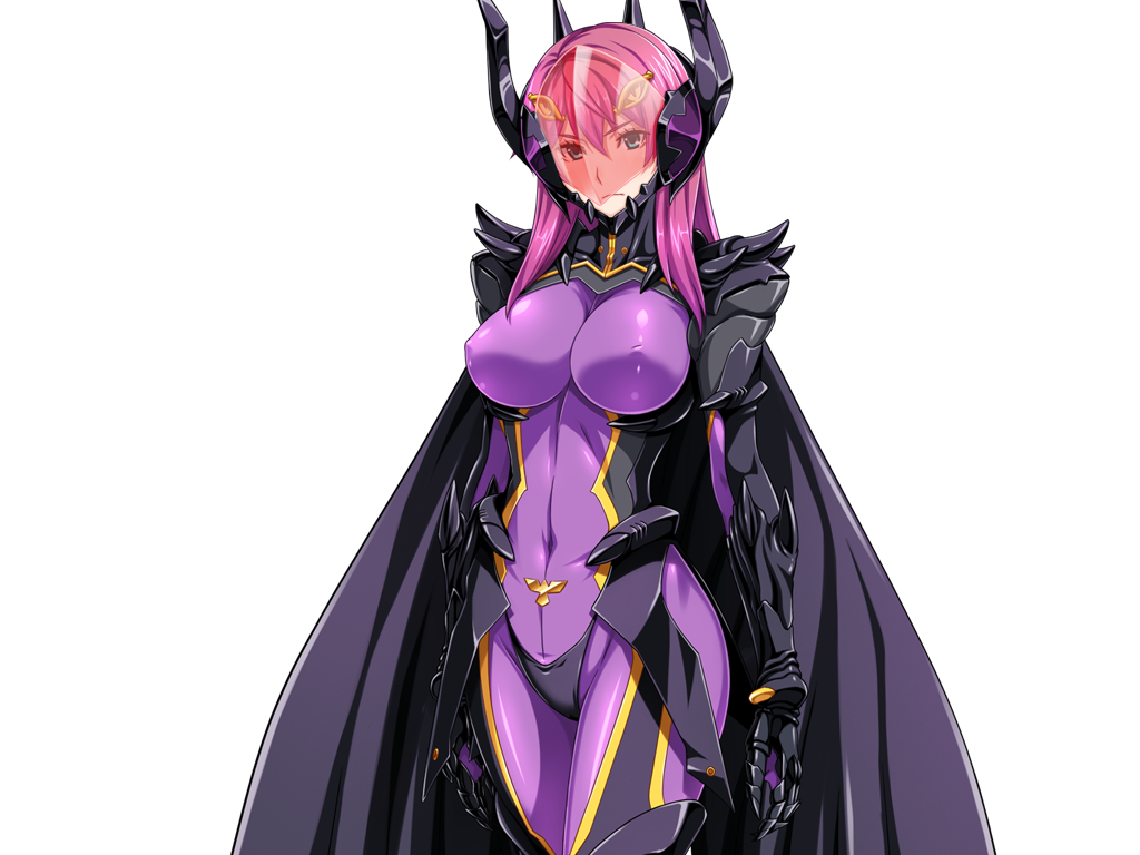 1girl armor assault_visor bodysuit breasts cape corruption covered_erect_nipples covered_navel cowboy_shot dark_persona dark_reica fake_horns game_cg gentle_sasaki helmet horned_helmet horns large_breasts large_variant_set long_hair looking_at_viewer non-web_source official_art pink_hair purple_bodysuit shindou_hatsune skin_tight solo soukou_senki_prism_reica transparent_background variant_set