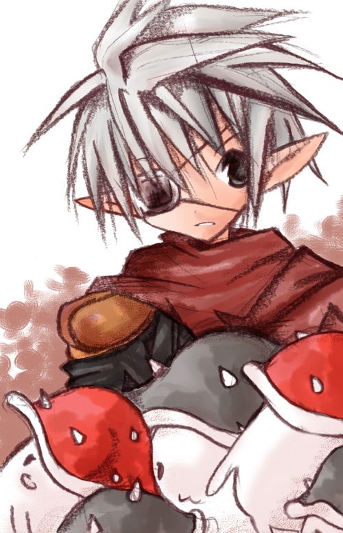 1boy 2000s_(style) assassin_(ragnarok_online) black_eyes black_shirt commentary_request creature eyepatch grey_hair hair_between_eyes looking_at_viewer male_focus medical_eyepatch mushroom pointy_ears ragnarok_online red_scarf scarf shirt solo spiked_hair spore_(ragnarok_online) upper_body yu_(lilacxx)