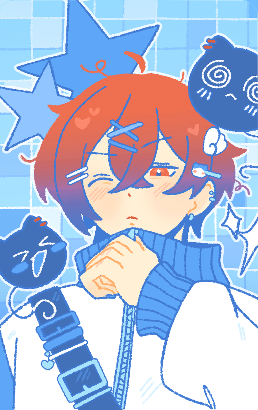 1boy @_@ ahoge alternate_costume blush chickynessy closed_mouth hair_between_eyes hair_ornament hairclip highres holding holostars holostars_english jacket long_sleeves looking_at_viewer machina_x_flayon machiroon_(machina_x_flayon) one_eye_closed red_eyes red_hair short_hair sleeves_past_wrists solo sparkle sweater upper_body virtual_youtuber