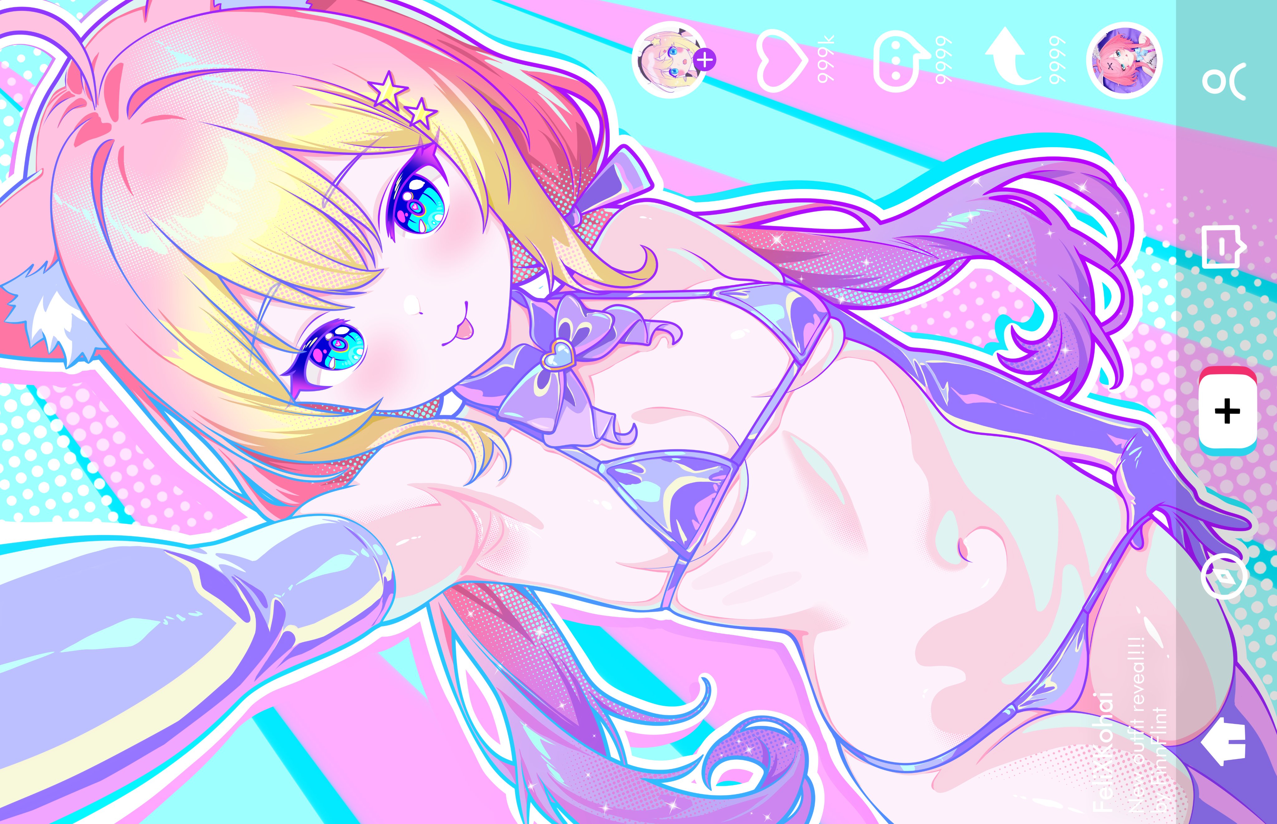 1girl :p absurdres ahoge animal_ears armpits bare_shoulders bikini blonde_hair blue_eyes breasts cat_ears character_request copyright_request detached_collar elbow_gloves finn_flint gift_art gloves hair_ornament highres long_hair looking_at_viewer low_twintails micro_bikini navel outstretched_arm selfie small_breasts solo star_(symbol) star_hair_ornament string_bikini swimsuit thighhighs tongue tongue_out twintails virtual_youtuber