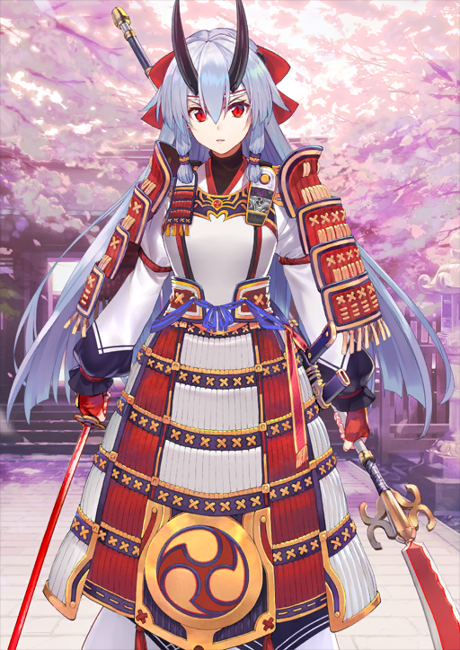 1girl armor asymmetrical_dual_wielding black_horns black_shirt bow breastplate breasts cherry_blossoms double-parted_bangs dual_wielding fate/grand_order fate_(series) feet_out_of_frame fingerless_gloves gloves grey_hair hair_between_eyes hair_bow headband holding holding_polearm holding_sword holding_weapon horns japanese_armor japanese_clothes katana kimono kusazuri long_hair long_sleeves looking_at_viewer low-tied_sidelocks mitsudomoe_(shape) naginata official_art pants parted_lips polearm puffy_long_sleeves puffy_sleeves red_bow red_eyes red_gloves shirabi shirt shoulder_armor sidelocks slit_pupils sode solo standing sword third-party_source tomoe_(symbol) tomoe_gozen_(fate) turtleneck unsheathed variant_set very_long_hair weapon white_headband white_kimono