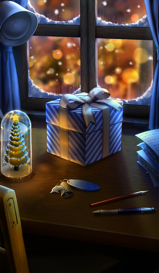 bell box charm_(object) christmas christmas_tree commentary_request curtains fate/grand_order fate_(series) gift gift_box indoors lamp miniature no_humans official_art paper_stack pen pencil snow still_life tatsuyo third-party_source window