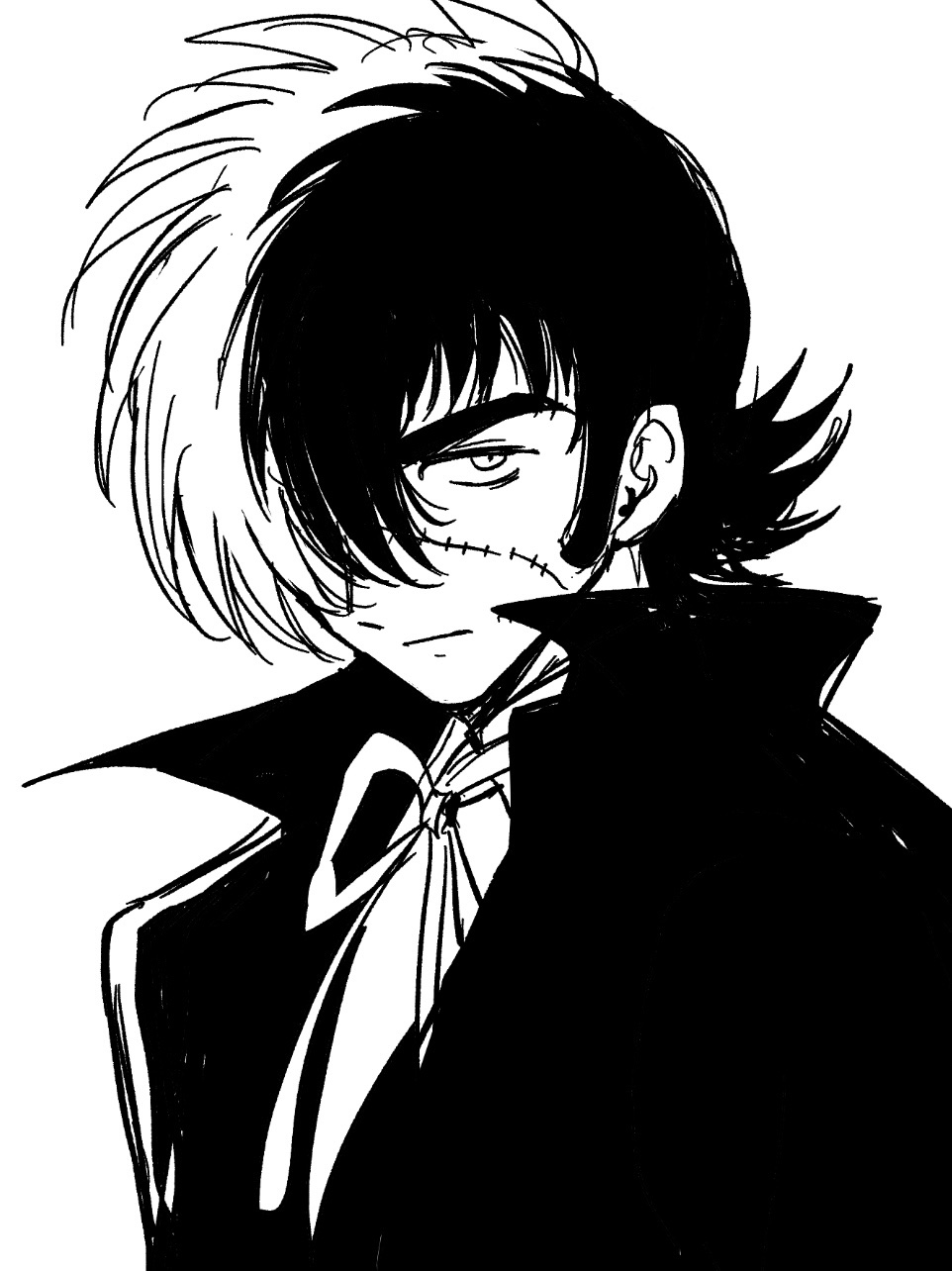 1boy akiyama_enma black_jack_(character) black_jack_(series) closed_mouth commentary_request glaring greyscale hair_over_one_eye high_contrast highres looking_at_viewer male_focus monochrome multicolored_hair neck_ribbon one_eye_covered ribbon short_hair simple_background solo stitched_face stitches two-tone_hair upper_body white_background