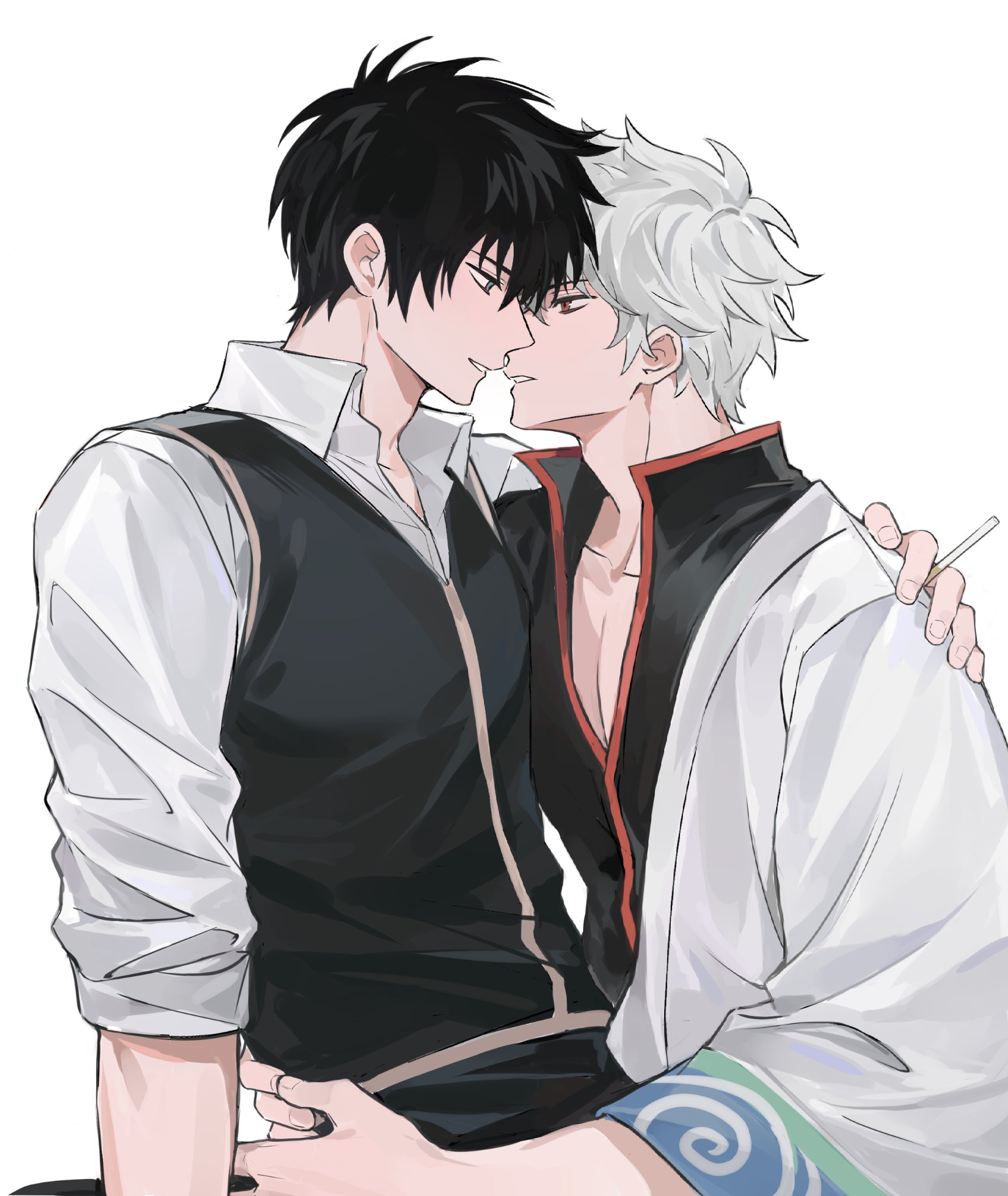 2boys arms_around_waist black_hair black_shirt black_vest cigarette collarbone collared_shirt commentary eye_contact fingernails gintama hand_on_another's_back hashtag-only_commentary highres hijikata_toushirou holding holding_cigarette imminent_kiss jin_(zhaomu_u) looking_at_another male_focus multiple_boys open_collar parted_lips popped_collar red_eyes red_trim sakata_gintoki shirt simple_background sleeves_rolled_up smile teeth vest wavy_hair white_background white_hair white_shirt wing_collar yaoi