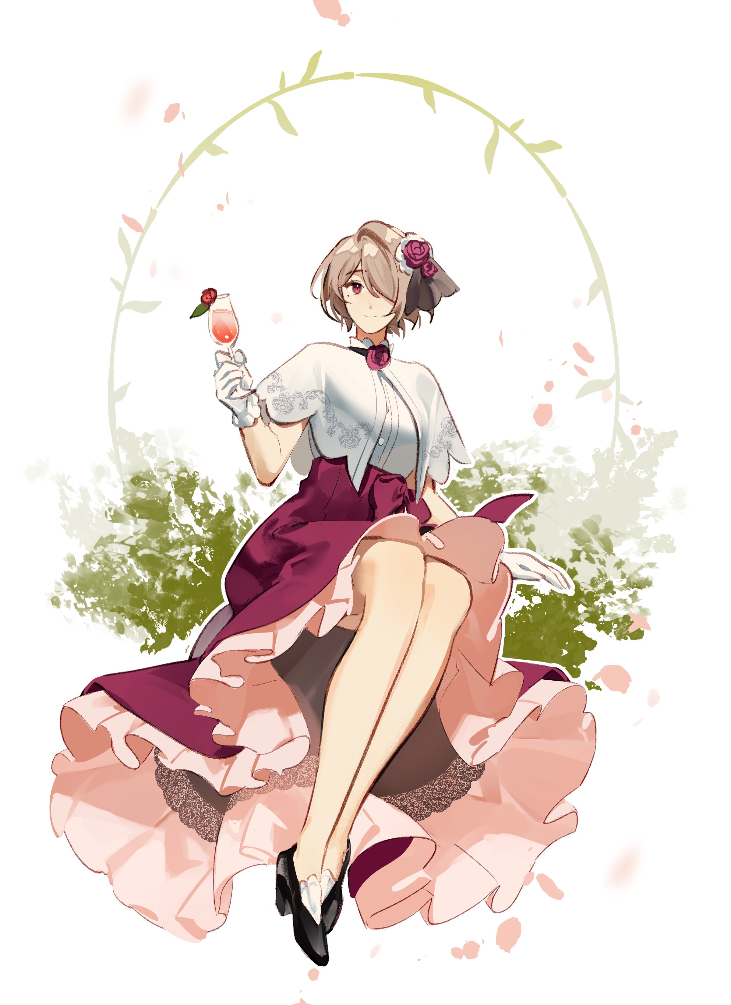 1girl absurdres alcohol black_footwear brown_hair closed_mouth cup drinking_glass flower full_body gloves hair_flower hair_ornament hair_over_one_eye high_heels highres holding holding_cup honkai_(series) honkai_impact_3rd invisible_chair looking_at_viewer mole mole_under_eye petals purple_eyes purple_flower purple_rose purple_skirt rita_rossweisse rose shirt short_hair short_sleeves sitting skirt smile solo white_background white_gloves white_shirt wine wine_glass ylceon