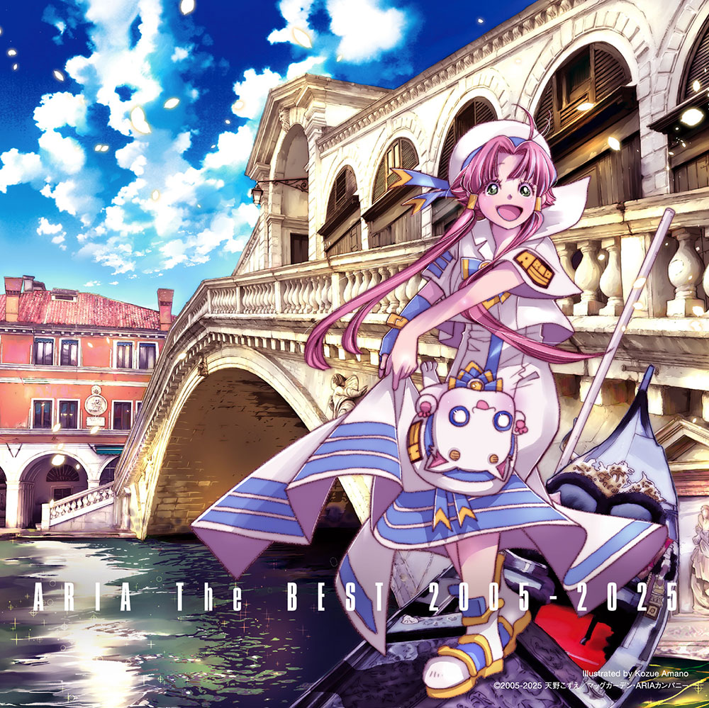 1girl :d album_cover amano_kozue aria_(manga) aria_company_uniform aria_pokoteng artist_name beret blue_bow blue_bowtie blue_gloves blue_ribbon blue_sky bow bowtie bridge building cloud cloudy_sky copyright_notice cover day dress fingerless_gloves gloves gondola green_eyes hair_tubes hat hat_ribbon impossible_clothes impossible_dress long_dress looking_at_viewer mizunashi_akari oar official_art open_mouth outdoors parted_bangs pink_hair ribbon sailor_collar short_hair_with_long_locks single_glove skirt_hold sky smile standing venice water white_dress white_hat