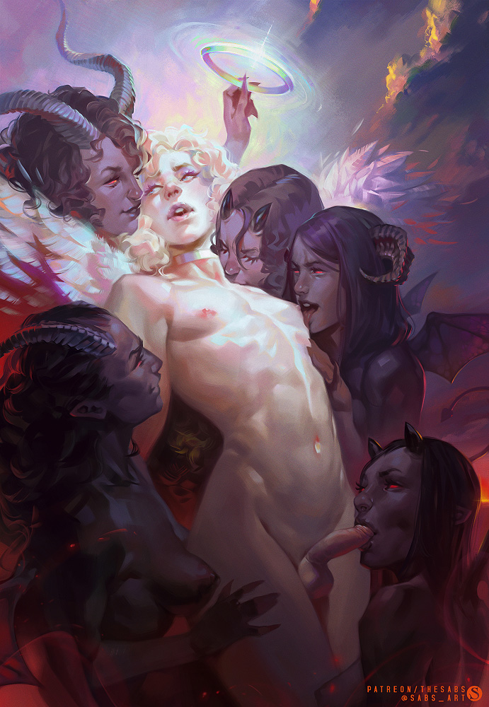 1other 5girls androgynous angel angel_wings black_hair breasts demon_girl fellatio halo horns long_hair multiple_girls navel nipples nude oral original penis sabu_(sabudenego) sex tagme wings