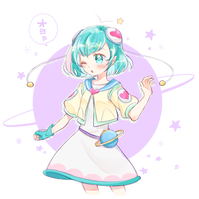 1girl ;o aihira_(aihira12) antennae aqua_eyes aqua_hair bag belt blue_bag brooch cropped_legs dot_nose dress drop_shadow eyelashes fingerless_gloves gloves hagoromo_lala hair_ornament halftone handbag heart heart_brooch heart_print jacket jewelry light_blush one_eye_closed open_mouth pink_brooch planet planetary_ring pointy_ears precure puffy_short_sleeves puffy_sleeves purple_belt short_dress short_hair short_sleeves single_fingerless_glove solo speech_bubble standing star-shaped_pupils star_(symbol) star_twinkle_precure symbol-shaped_pupils tareme translation_request waist_bag white_background white_dress yellow_jacket yellow_pupils