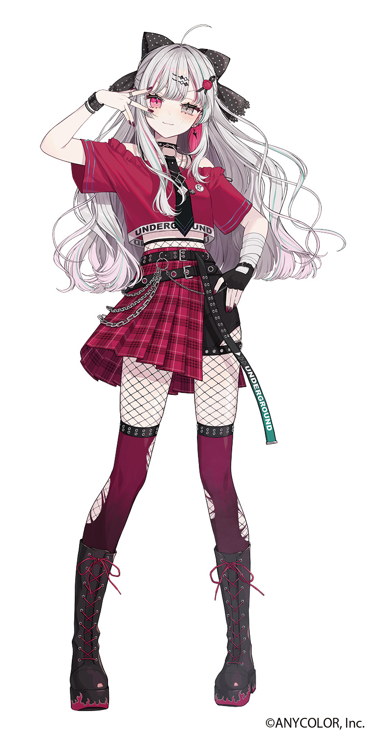 1girl akakura bandaged_arm bandages belt black_boots black_gloves boots closed_mouth fingerless_gloves fishnet_pantyhose fishnets floating_hair full_body gloves grey_eyes grey_hair hand_on_own_hip hand_up heterochromia highres ishigami_nozomi knee_boots lace-up_boots long_hair looking_at_viewer multicolored_hair nijisanji official_art pantyhose pink_eyes shirt short_sleeves simple_background skirt smile solo standing streaked_hair thighhighs thighhighs_over_pantyhose torn_clothes torn_thighhighs virtual_youtuber white_background