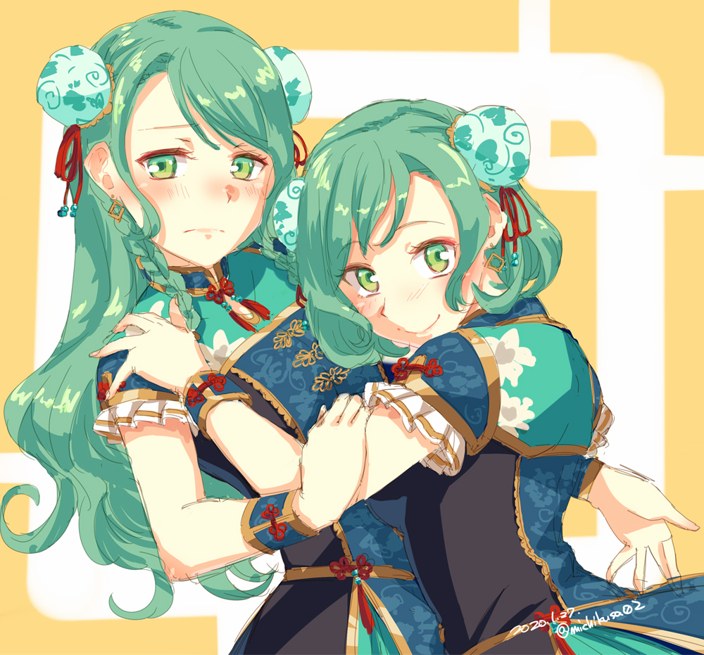 2girls bang_dream! blush braid chinese_clothes dated double_bun earrings floral_print frilled_sleeves frills green_eyes green_hair hair_bun hikawa_hina hikawa_sayo jewelry long_hair looking_at_viewer multiple_girls short_hair siblings sisters takuzui twin_braids twitter_username