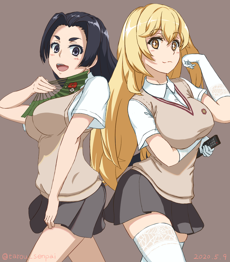 2girls :d arm_under_breasts black_eyes black_hair black_skirt blonde_hair breasts brown_sweater_vest collared_shirt commentary_request controller dated elbow_gloves emblem folding_fan gloves hand_fan holding holding_fan holding_remote_control kongou_mitsuko large_breasts long_hair looking_at_viewer miniskirt multiple_girls open_mouth pleated_skirt remote_control school_emblem school_uniform shirt shokuhou_misaki short_sleeves simple_background skirt smile sparkling_eyes spider_web_print summer_uniform sweater_vest tarou_senpai thick_eyebrows thighhighs toaru_kagaku_no_railgun toaru_kagaku_no_railgun_t toaru_majutsu_no_index tokiwadai_school_uniform twitter_username very_long_hair white_gloves white_shirt white_thighhighs zettai_ryouiki
