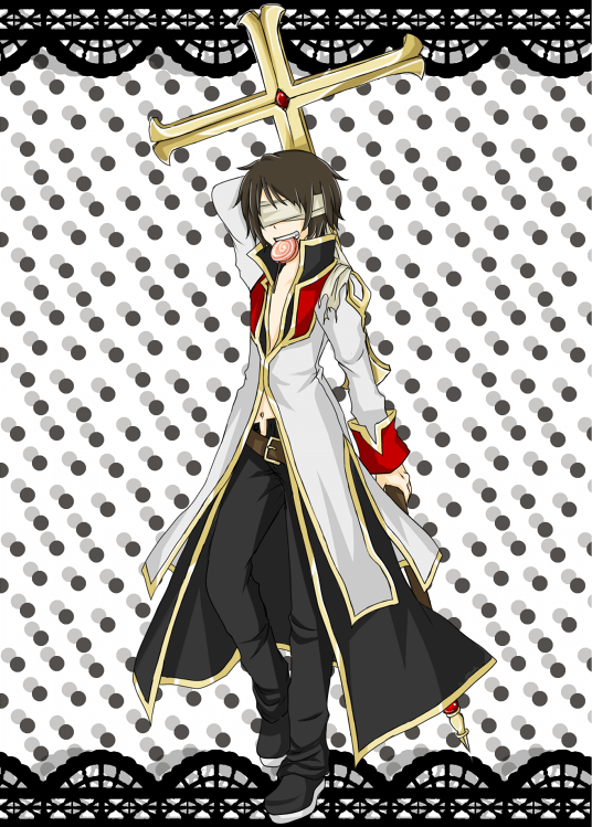 1boy arms_behind_back black_coat black_pants black_shoes blindfold brown_hair candy coat commentary_request crosier food full_body gold_trim high_priest_(ragnarok_online) holding holding_staff lollipop lollipop_in_mouth long_sleeves male_focus meiko_(nattu303) multicolored_coat navel open_mouth pants polka_dot polka_dot_background ragnarok_online red_coat shoes short_hair smile solo staff standing swirl_lollipop two-tone_coat white_background white_coat