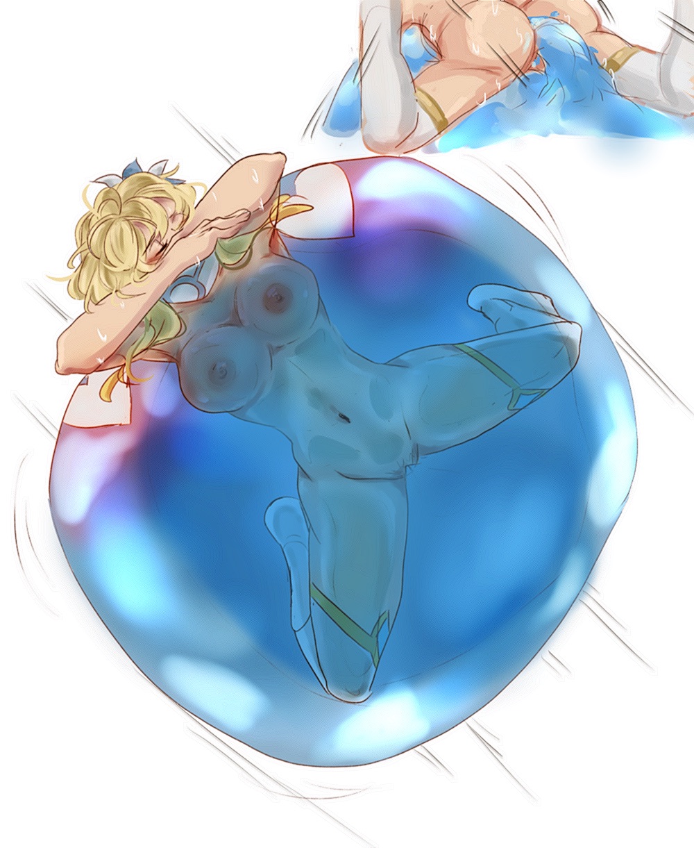 1girl 1other ass blonde_hair blush breast_press breasts closed_eyes clothed_sex genshin_impact highres interspecies lumine_(genshin_impact) lying_on_person medium_breasts medium_hair monster nipples partially_undressed sex simple_background slime slime_(creature) white_background