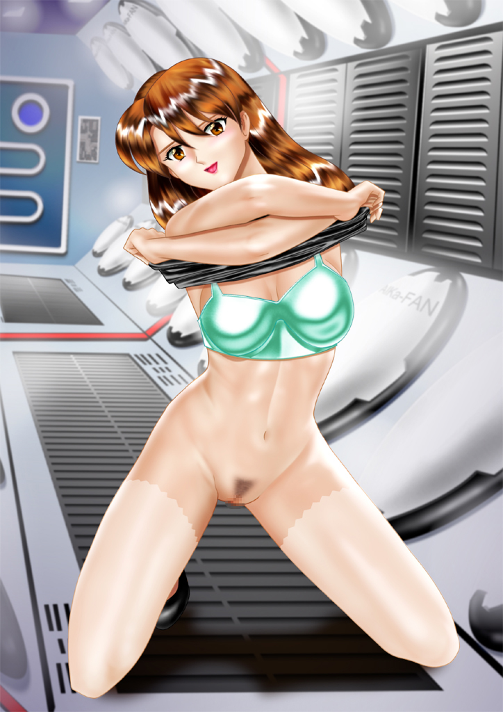 1girl agent_aika aika_(series) black_delmo black_footwear black_jacket bottomless bra breasts brown_eyes brown_hair clothes_lift delmo delmogeny_uniform female_focus full_body high_heels indoors jacket jacket_lift legs long_hair looking_at_viewer naomi_(agent_aika) navel no_socks open_mouth pussy solo squatting tan tanline thighs underwear undressing yuusuke_(ziyasu)