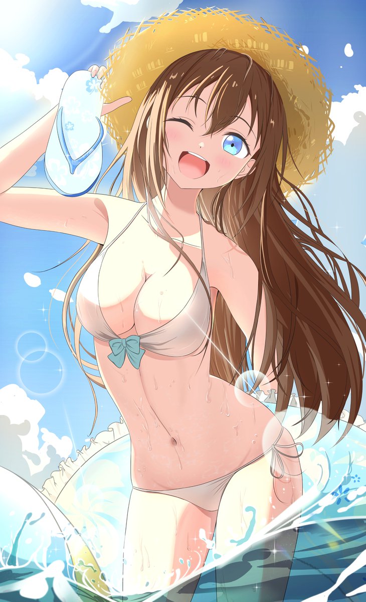 1girl bikini blue_eyes blue_sky breasts brown_hair cloud commentary_request flip-flops hat highres holding lens_flare long_hair looking_at_viewer love_live! love_live!_nijigasaki_high_school_idol_club medium_breasts morio_(mmorio_mu) navel one_eye_closed open_mouth osaka_shizuku sandals sky sparkling_eyes straw_hat sunlight swimsuit water wet white_bikini