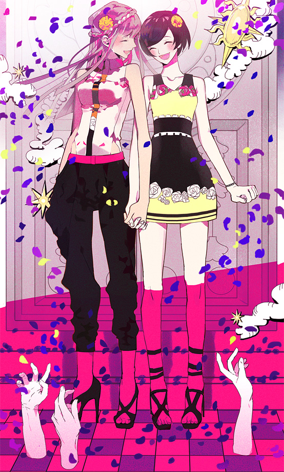 2girls bad_id bad_pixiv_id bare_shoulders belt blush bracelet braid brown_hair closed_eyes collarbone dress flower hair_flower hair_ornament hand_in_pocket high_heels holding_hands interlocked_fingers jewelry long_hair multiple_girls open_mouth open_shoes original pants petals pink_hair serori shoes short_dress short_hair sleeveless sleeveless_dress smile standing sun_symbol tile_floor tiles
