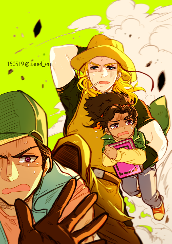 3boys black_hair blonde_hair boingo book cowboy_hat dark-skinned_male dark_skin hat hol_horse jojo_no_kimyou_na_bouken male_focus multiple_boys oingo simple_background stand_(jojo) thoth_(stand) tianel_ent