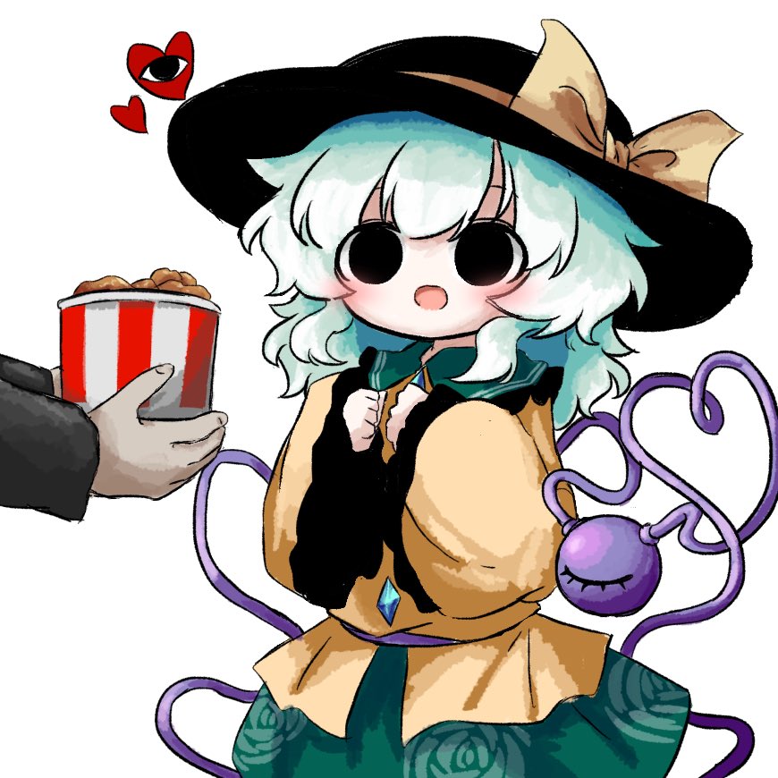 1girl 1other black_eyes black_hat black_suit blouse bucket bucket_of_chicken chicken_(food) eyeball fast_food food formal_clothes fried_chicken frilled_shirt_collar frilled_sleeves frills green_hair green_skirt hat hat_ribbon heart heart_of_string heripantomorrow holding holding_bucket komeiji_koishi ribbon shirt skirt smile suit third_eye touhou yellow_ribbon yellow_shirt