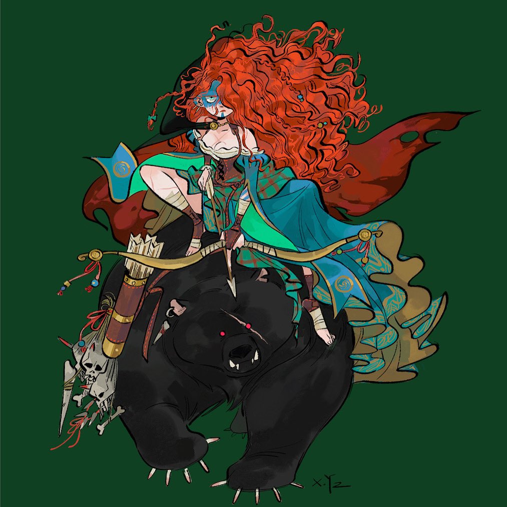1girl arrow_(projectile) bear blue_eyes bow_(weapon) braid brave_(disney) brave_(pixar) curly_hair dress elinor_(brave) facepaint green_background holding holding_arrow holding_bow_(weapon) holding_weapon kiddo_hah long_hair merida_(brave) red_eyes red_hair riding riding_animal scar scar_on_face very_long_hair weapon