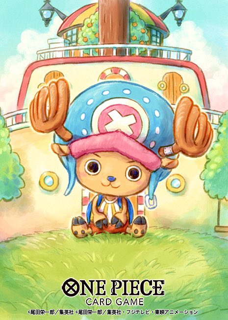 1boy antlers bag commentary_request copyright_name cross hat horns light_smile looking_at_viewer male_focus official_art on_grass one_piece one_piece_card_game reindeer_antlers shirt shoulder_bag sitting sky smile solo sowsow striped_clothes striped_shirt tony_tony_chopper tree vertical-striped_clothes vertical-striped_shirt