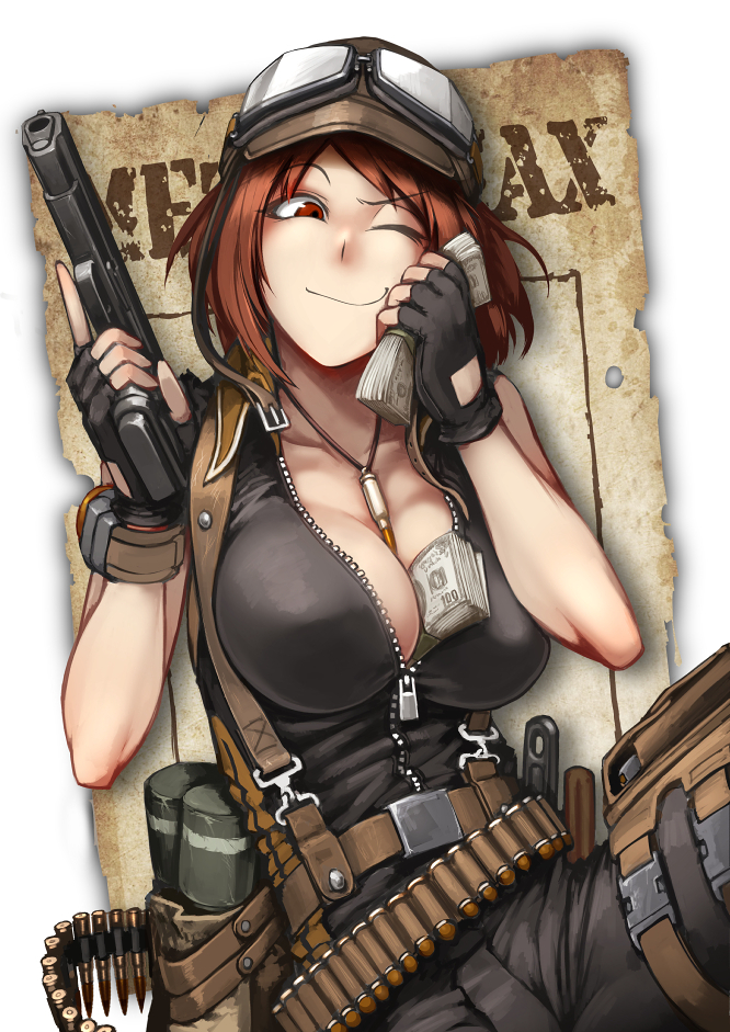 1girl ammunition_belt ammunition_pouch bandolier banknote bare_shoulders belt between_breasts black_gloves breasts bullet bullet_necklace cleavage dollar_bill explosive female_focus fingerless_gloves gloves goggles grenade gun handgun hat hetza_(hellshock) hunter_(metal_max) jewelry large_breasts metal_max money necklace one_eye_closed pistol pouch red_eyes red_hair smile solo suspenders trigger_discipline tucked_money watch weapon wristwatch zipper