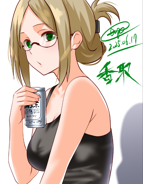 1girl alternate_costume asahi_breweries beer_can black_tank_top brown_hair can character_name commentary_request dated drink_can engo_(aquawatery) folded_ponytail glasses green_eyes kantai_collection katori_(kancolle) one-hour_drawing_challenge signature solo tank_top upper_body