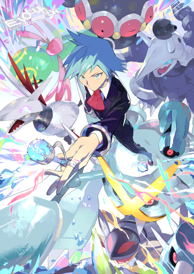 1boy aggron armaldo artist_name ascot beldum black_jacket black_pants blue_eyes claydol clenched_hand closed_mouth collared_shirt cradily e_volution energy gen_2_pokemon gen_3_pokemon holding jacket jewelry long_sleeves male_focus mega_metagross mega_pokemon metagross metang nintendo pants pokemon pokemon_(creature) pokemon_oras red_ascot ring shirt skarmory spiked_hair steven_stone white_shirt