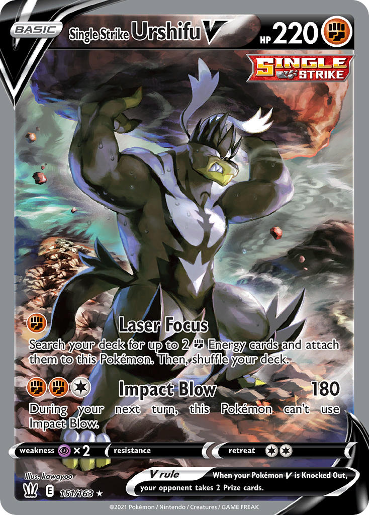 arms_up artist_name boulder card_(medium) character_name company_name copyright_name copyright_notice debris english_text gen_8_pokemon holding kawaguchi_youhei legendary_pokemon muscular nintendo official_art pokemon pokemon_(creature) pokemon_card pokemon_focus pokemon_tcg sharp_teeth solo standing sweat teeth third-party_source trading_card urshifu urshifu_(single)