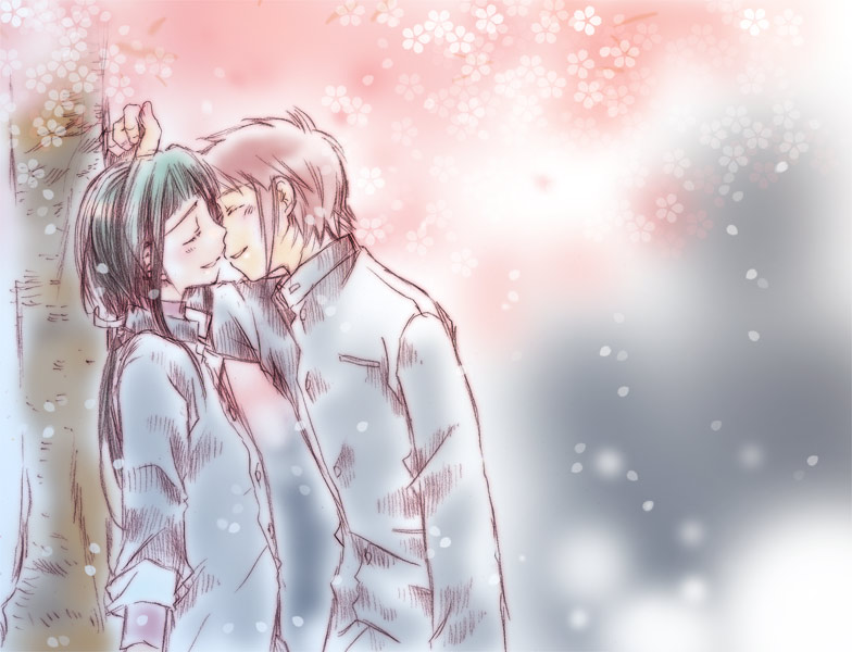 00s 1boy 1girl against_tree androgynous cherry_blossoms crossdressing closed_eyes from_side gakuran green_hair hetero imminent_kiss light_smile my-hime okuzaki_akira petals profile red_hair school_uniform tokiha_takumi tree yablive