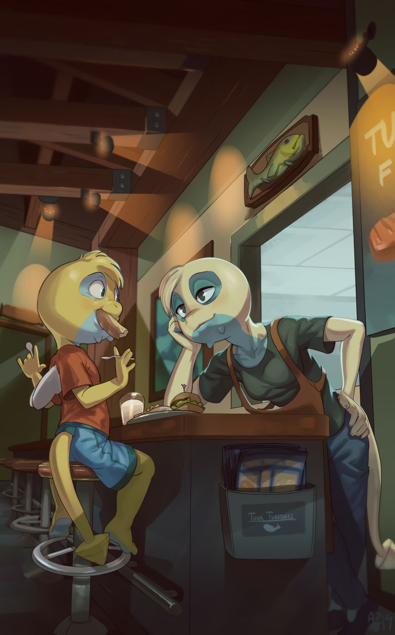 1boy 1girl apis apron blonde_hair blue_eyes breasts burger child diner dunsparce food french_fries furry gen_2_pokemon highres medium_breasts monster_boy monster_girl mother_and_son nintendo pokemon pokemon_(creature) tail wings