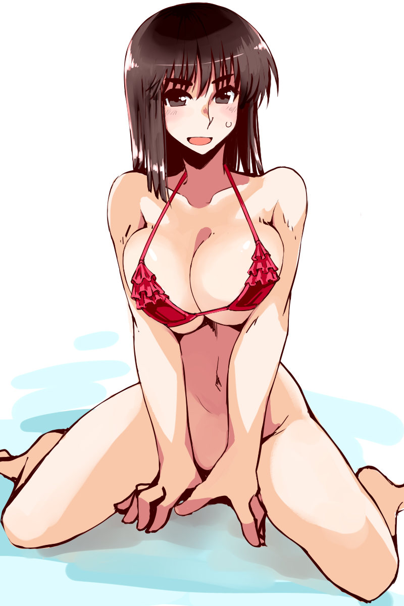 00s 1girl :d barefoot bikini black_eyes black_hair bottomless breasts cleavage collarbone cosaten female_focus frilled_bikini frills highres large_breasts navel open_mouth red_bikini school_rumble simple_background sitting smile solo suou_mikoto_(school_rumble) swimsuit wariza