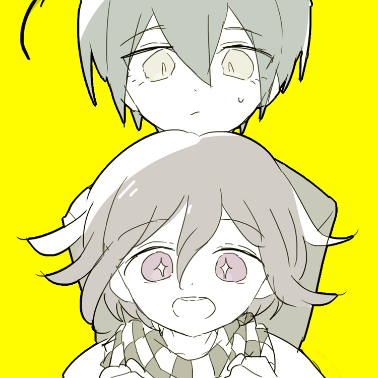+_+ 2boys ahoge black_jacket black_scarf bright_pupils checkered_clothes checkered_scarf clenched_hands closed_mouth commentary_request danganronpa_(series) danganronpa_v3:_killing_harmony eyelashes grey_hair hair_between_eyes height_difference jacket light_frown long_sleeves male_focus multiple_boys oma_kokichi open_mouth purple_eyes purple_hair ruri_(2620981) saihara_shuichi scarf short_hair simple_background smile sparkling_eyes straight-on sweatdrop teeth two-tone_scarf upper_body upper_teeth_only white_jacket white_pupils white_scarf yellow_background yellow_eyes