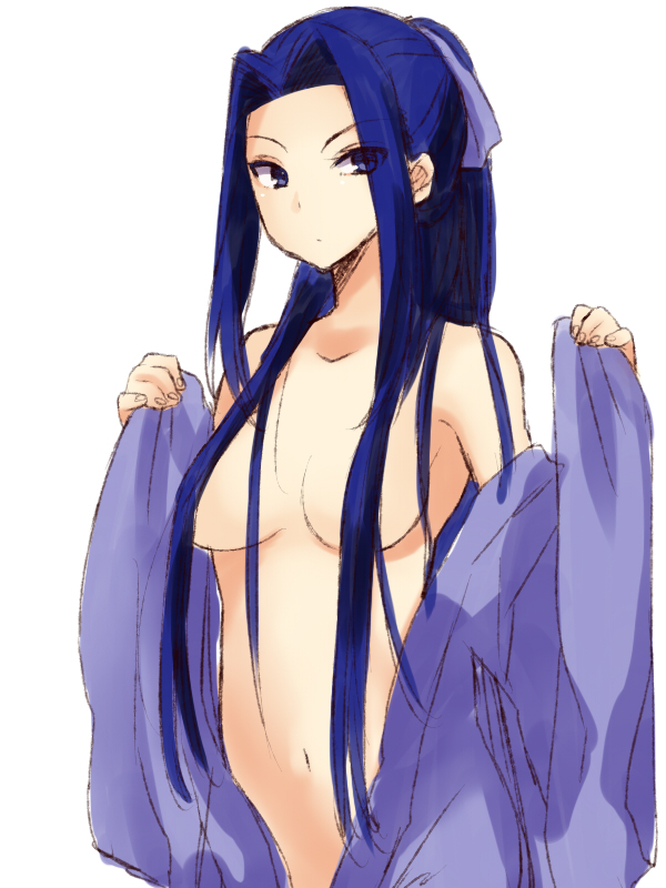1girl :o blue_eyes blue_hair bow breasts eyes_visible_through_hair fate/stay_night fate_(series) female_focus genderswap genderswap_(mtf) hair_bow hair_censor japanese_clothes kamehima kimono long_hair looking_at_viewer matching_hair/eyes medium_breasts navel ponytail sasaki_kojirou_(fate) solo undressing very_long_hair