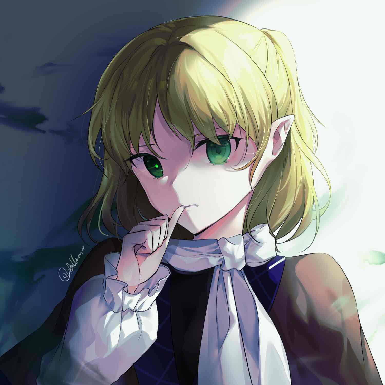 1girl anllouser arm_warmers biting biting_own_thumb black_shirt blonde_hair brown_shirt commentary_request green_eyes hair_between_eyes half_updo highres looking_at_viewer mismatched_pupils mizuhashi_parsee pointy_ears ponytail scarf shadow shirt short_hair short_ponytail solo touhou undershirt upper_body white_background white_scarf