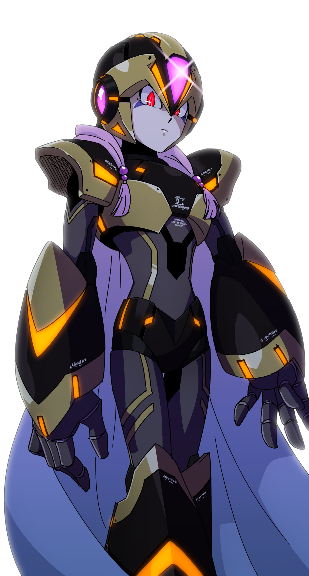 1boy android armor black_gloves body_writing cape chest_jewel closed_mouth facial_mark forehead_jewel glint gloves glowing glowing_eyes gold_armor gold_helmet helmet highres hiyoko_ai jewelry looking_at_viewer male_focus mega_man_(series) mega_man_x_(series) mega_man_x_dive neon_lights neon_trim purple_cape red_eyes shoulder_armor sigma_symbol simple_background solo solo_focus white_background x-kai_(mega_man)