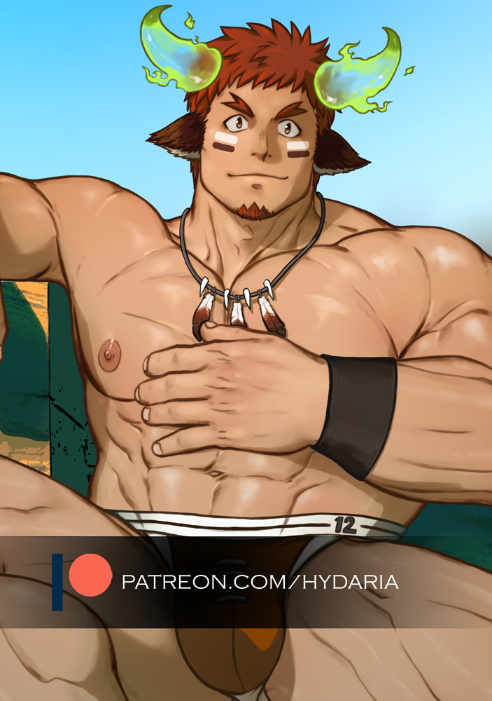 1boy abs animal_ears bara brown_male_underwear bulge cow_boy cow_ears cow_horns cowboy_shot dark-skinned_male dark_skin eye_black facial_hair feather_necklace fiery_horns forked_eyebrows glowing_horns goatee hand_up horns hydaria jewelry jockstrap large_pectorals looking_ahead looking_at_viewer male_focus male_underwear muscular muscular_male navel necklace nipples paid_reward_available pectorals rugby_underwear sanpaku short_hair sitting smile solo spiked_hair spread_legs stomach strongman_waist thick_eyebrows tokyo_houkago_summoners topless_male underwear wakan_tanka watermark
