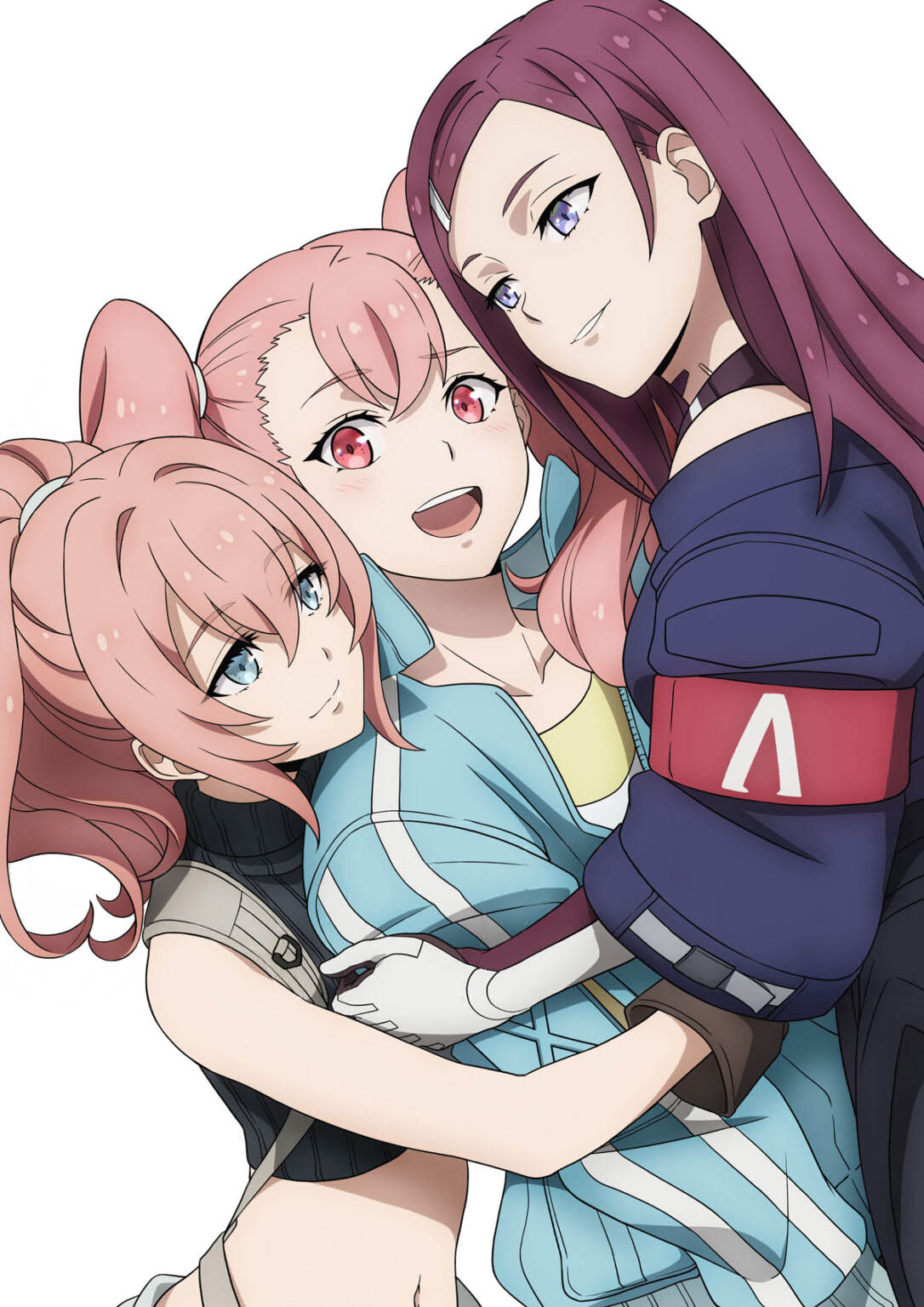 3girls ange_(synduality) armband bare_arms bare_shoulders belt center-flap_bangs chest_harness clothing_cutout crop_top cropped_jacket cropped_torso ellie_(synduality) forehead gloves green_eyes hair_ornament hairband hairclip half-closed_eyes harness head_on_another&#039;s_shoulder heads_together high_ponytail highres hug jacket long_hair looking_at_another magus_(synduality) maria_(synduality) mechanical_collar midriff multiple_girls navel open_clothes open_jacket pink_hair ponytail purple_eyes purple_hair red_armband shoulder_cutout sidelocks sleeveless sleeveless_turtleneck synduality synduality_noir tank_top turtleneck twintails yuri